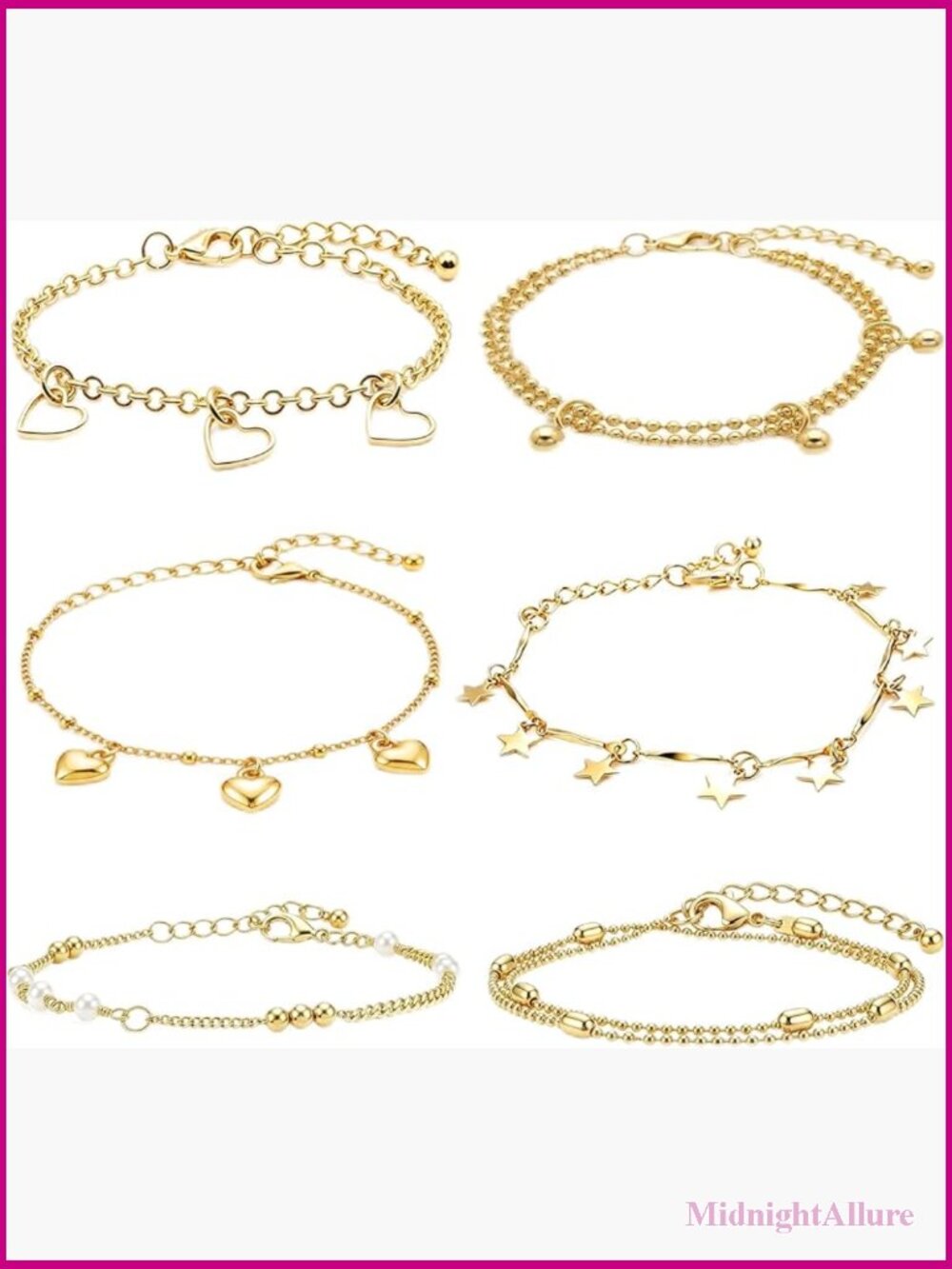 6 Pc Stackable Charm Bracelet Set Adjustable Dainty Layered Jewelry